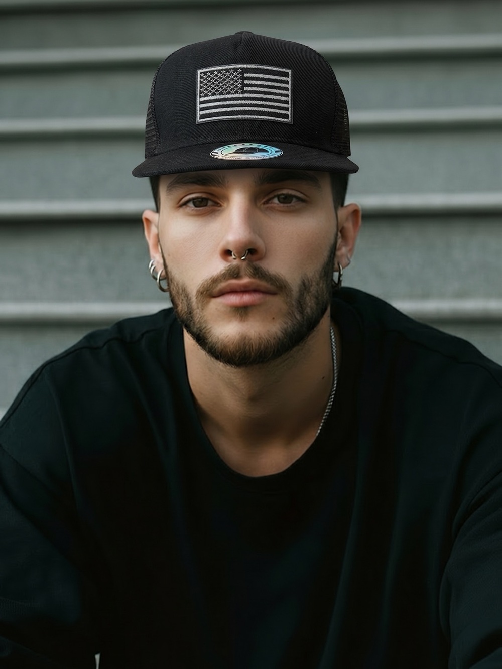 Black Trucker Snapback Hat with Flag Patch